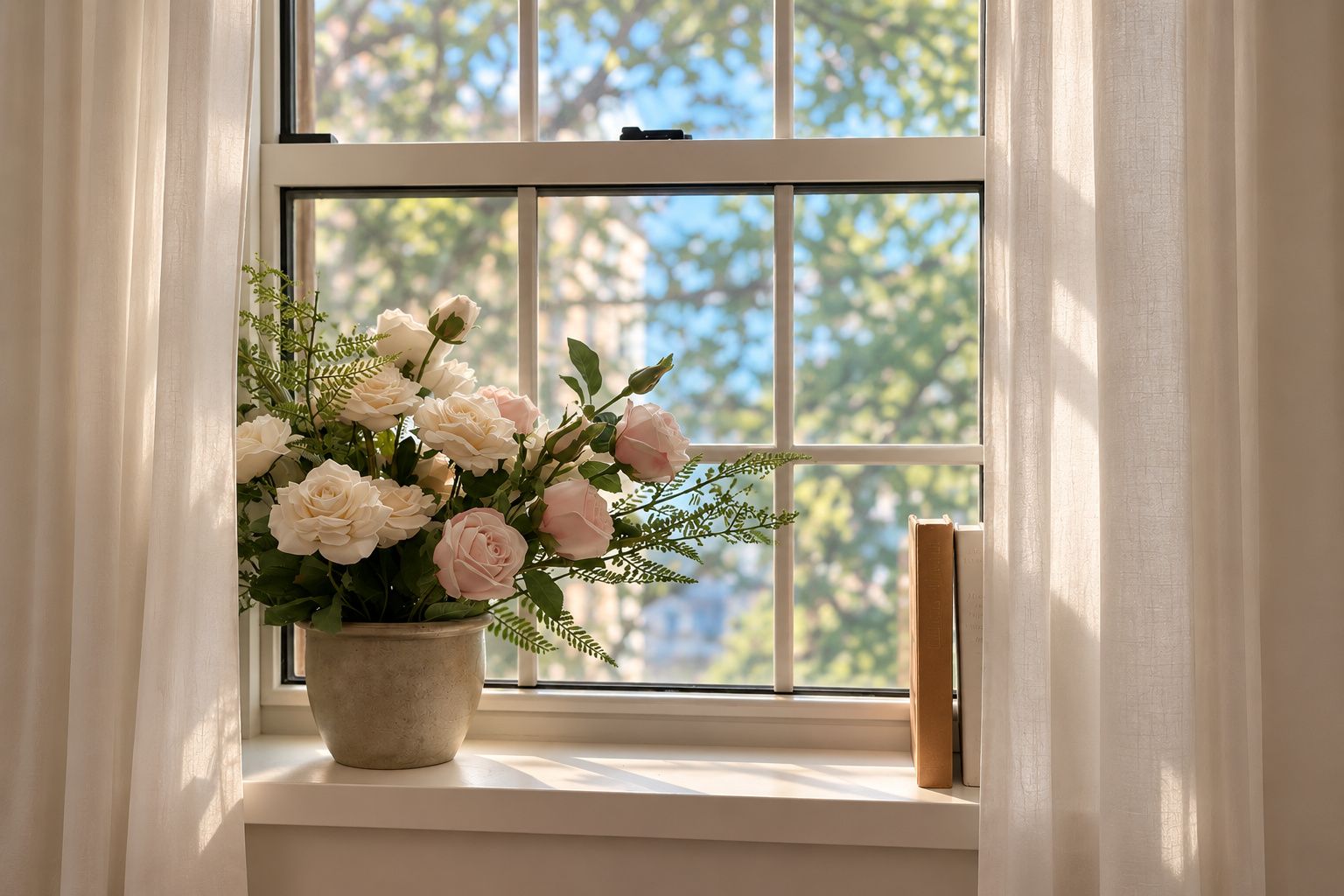 Ein Fenster mit Blick auf Bäume, ein Blumentopf mit Blumen und ein Buch auf der Fensterbank.