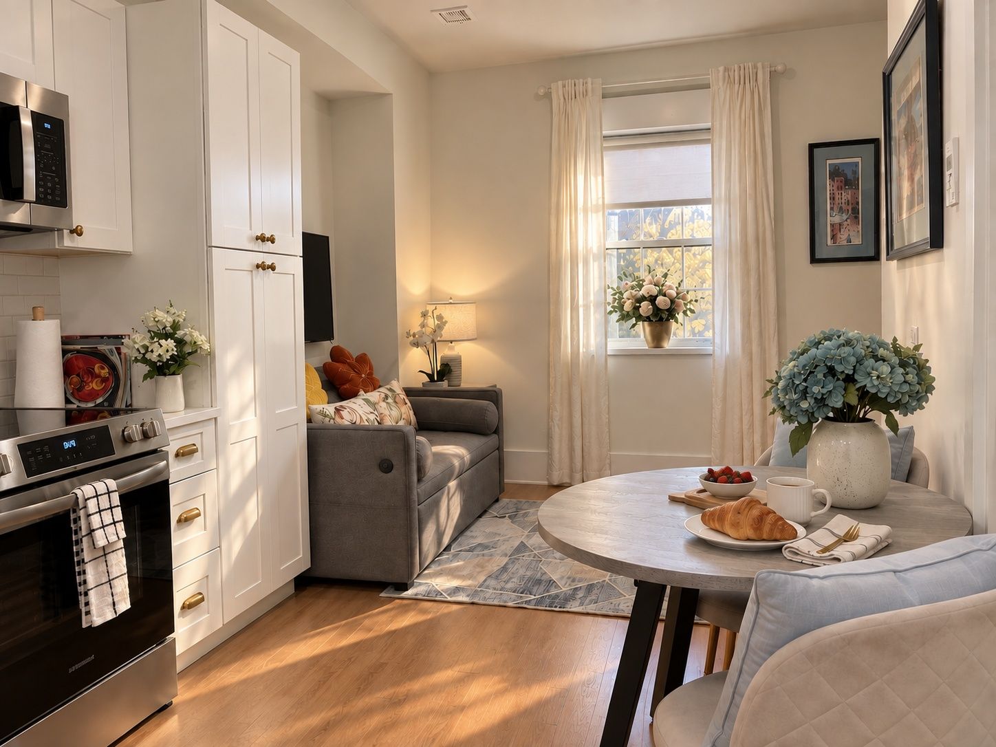 A modern kitchen with white cabinets, a built-in oven, and a microwave.