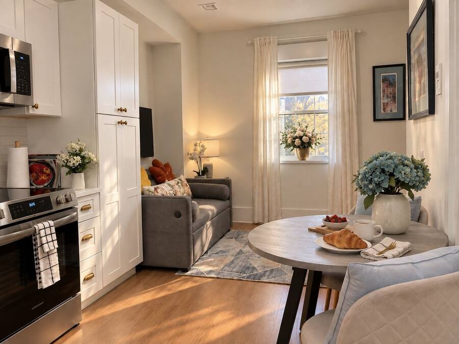 A modern kitchen with white cabinets, a built-in oven, and a microwave.