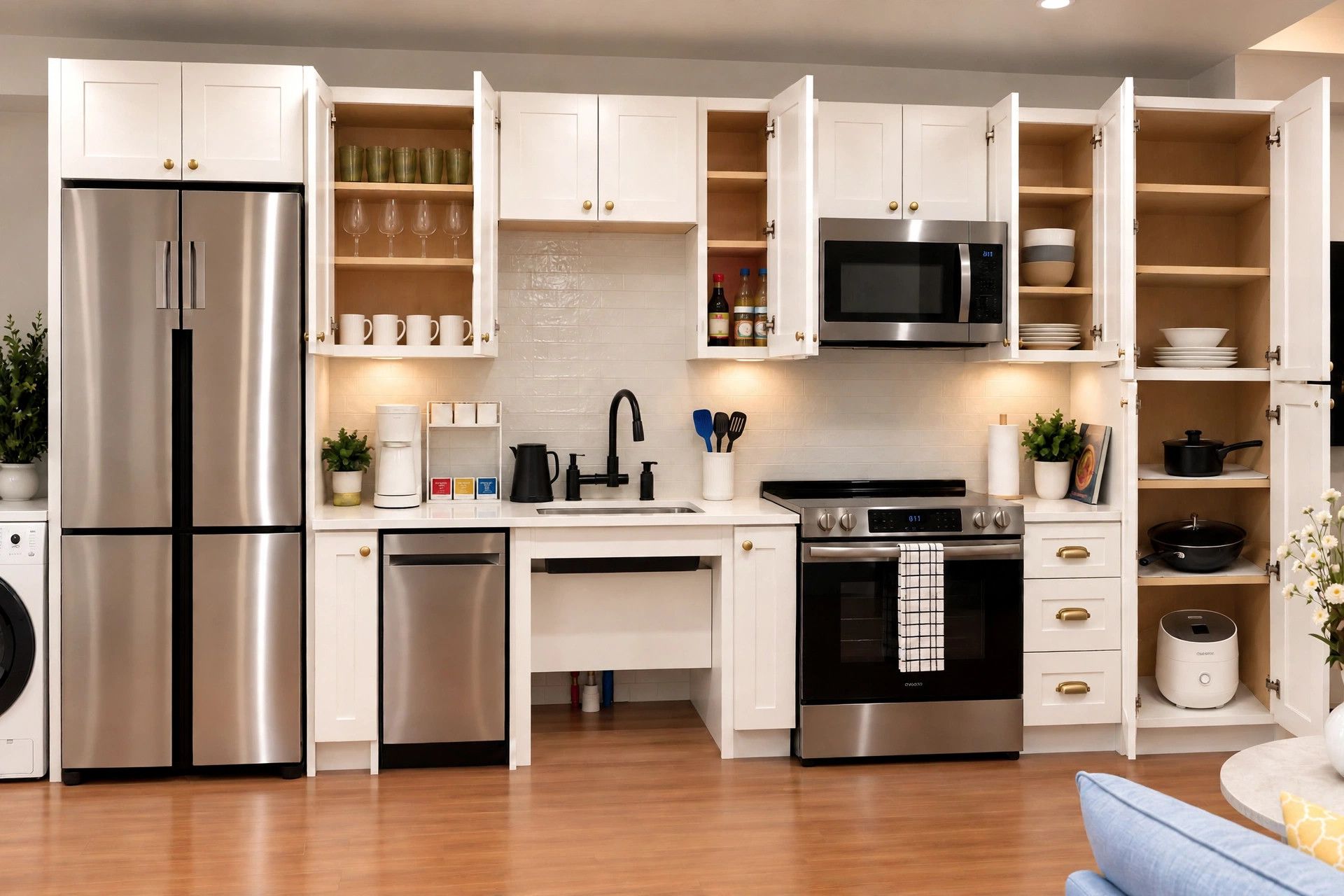 A modern kitchen with stainless steel appliances, white cabinetry, and a central island with a sink and countertop.