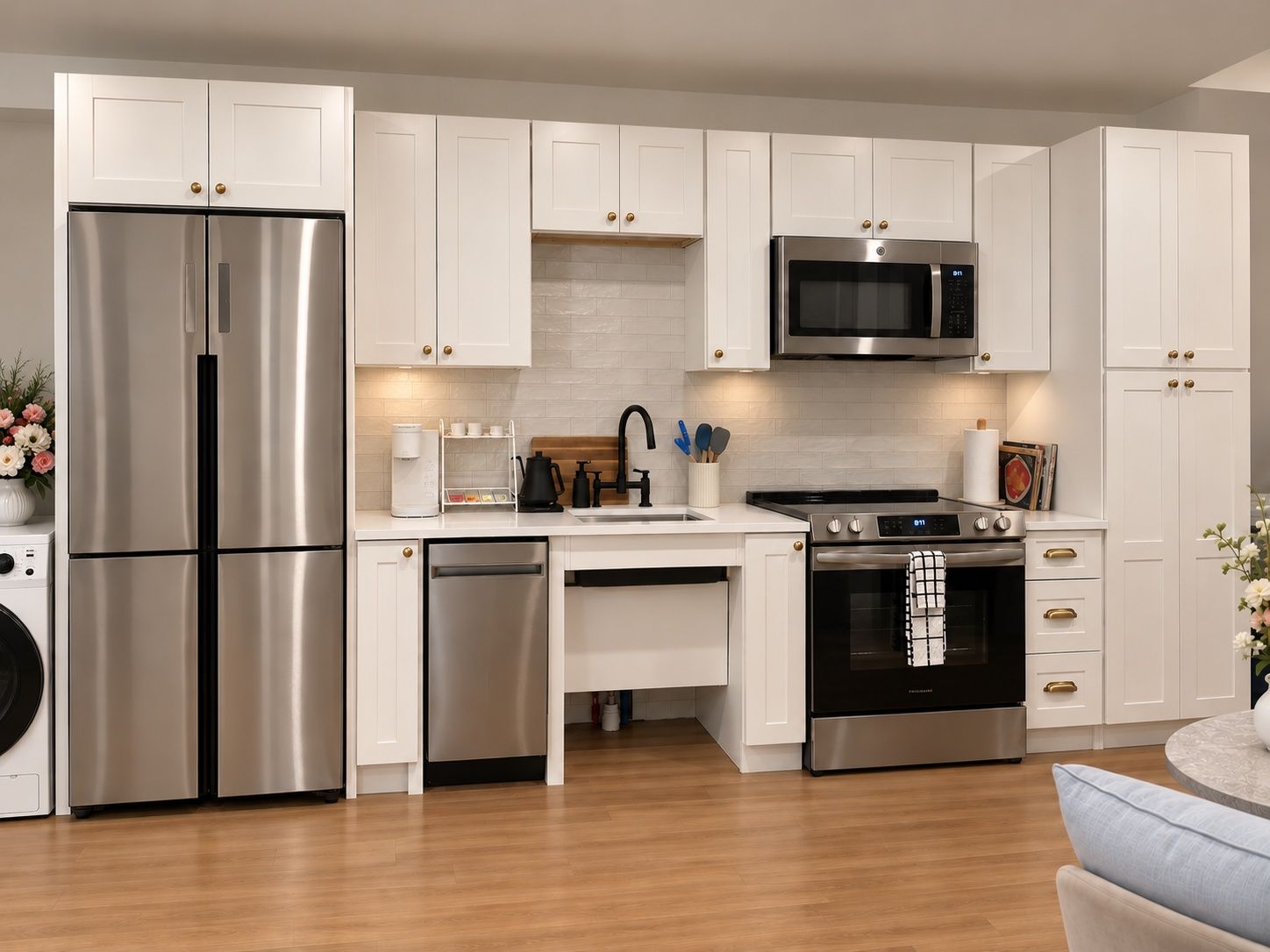 A modern kitchen with stainless steel appliances, white cabinetry, and a built-in oven.