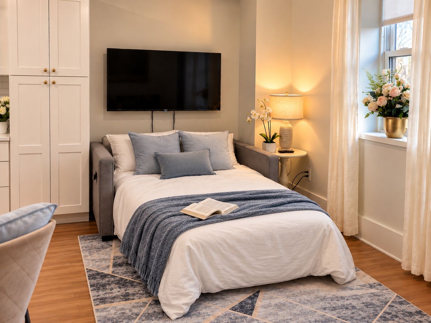 Een moderne slaapkamer met een bed, een televisie, een nachtkastje met lamp en een raam met gordijnen.