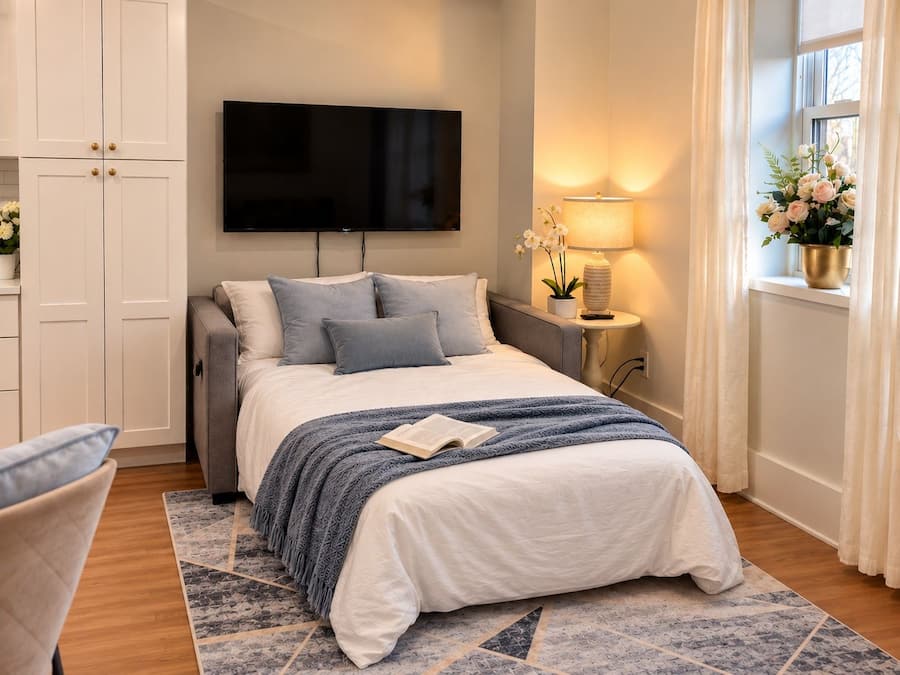 Een moderne slaapkamer met een bed, een televisie, een nachtkastje met lamp en een raam met gordijnen.