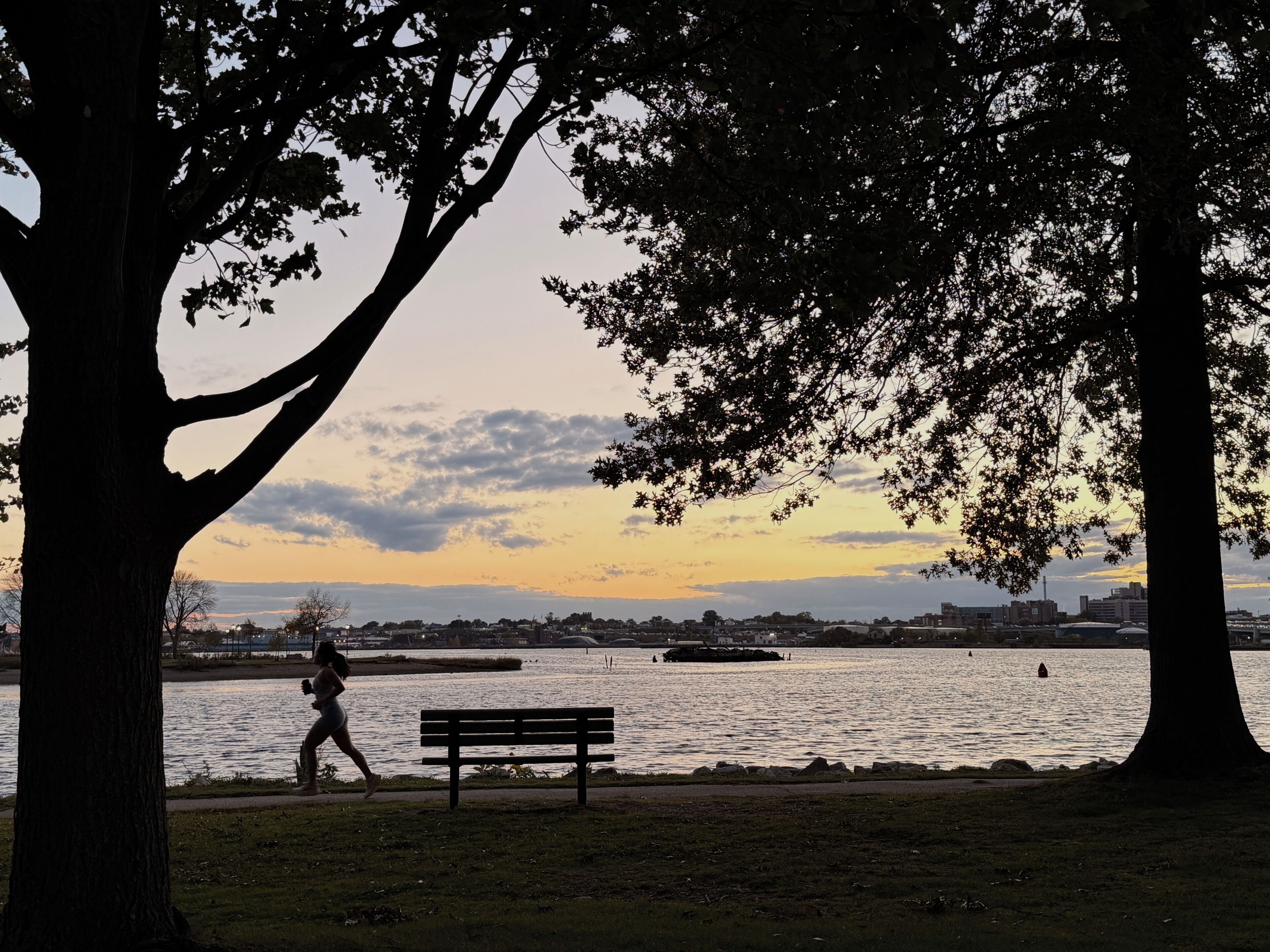 A park with a bench and a lake.