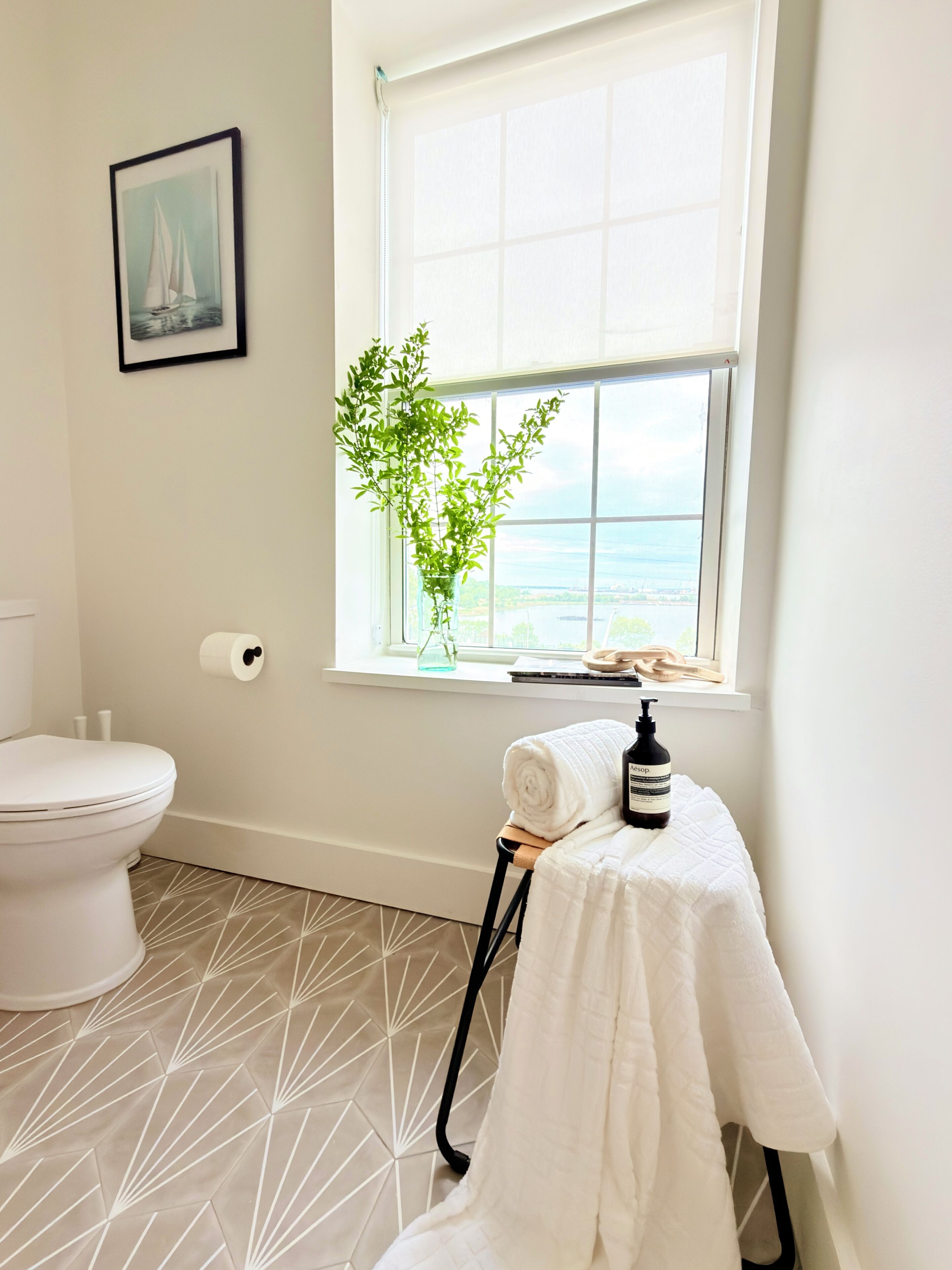 Un baño con inodoro, ventana con vistas, un cuadro enmarcado y una planta.