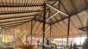 An indoor space with a high ceiling, wooden beams, tables, chairs, and potted plants. - Rainforest Huahin Hotel (Hua Hin)