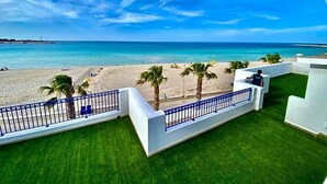 A balcony with a view of a beach, palm trees, and a clear sky. - Hotel Egitarso Sul Mare (San Vito Lo Capo)