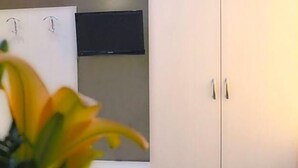 A room with a white wardrobe, a flat-screen TV mounted on the wall, and a potted plant with yellow and green leaves. - Hotel Posta (Ventimiglia)
