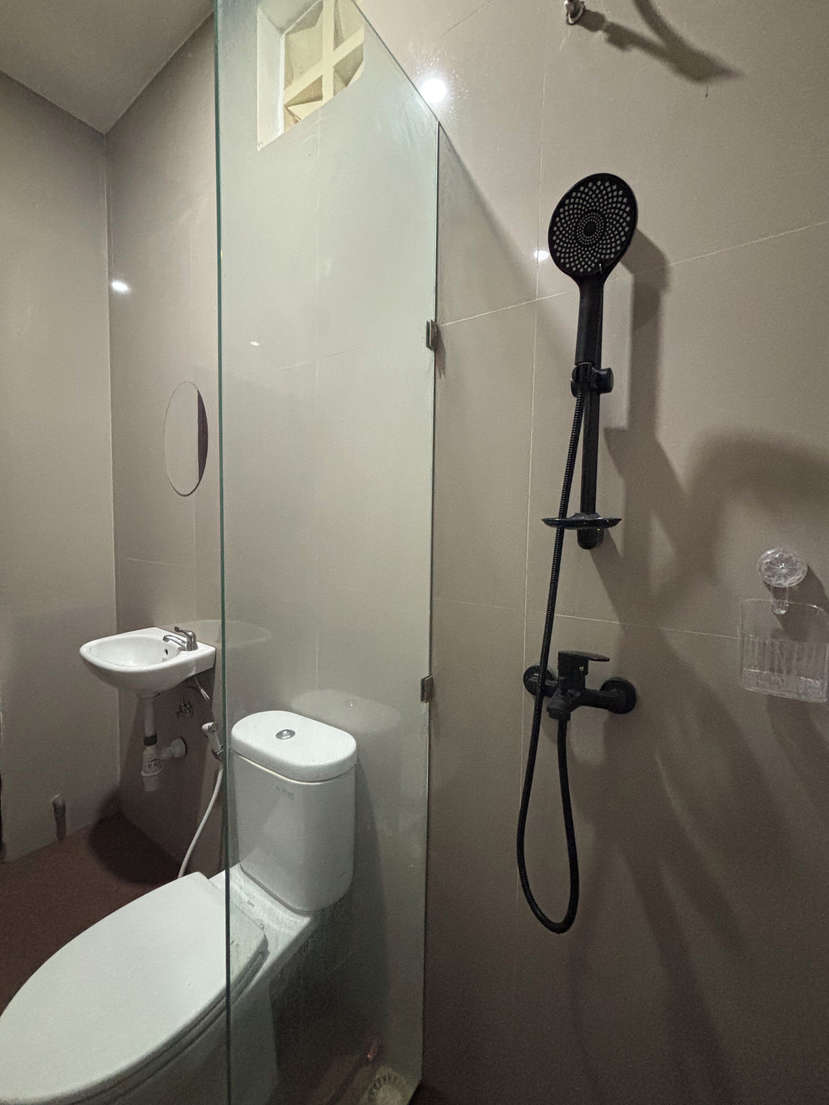A bathroom with a glass-enclosed shower, a white toilet, and a sink.