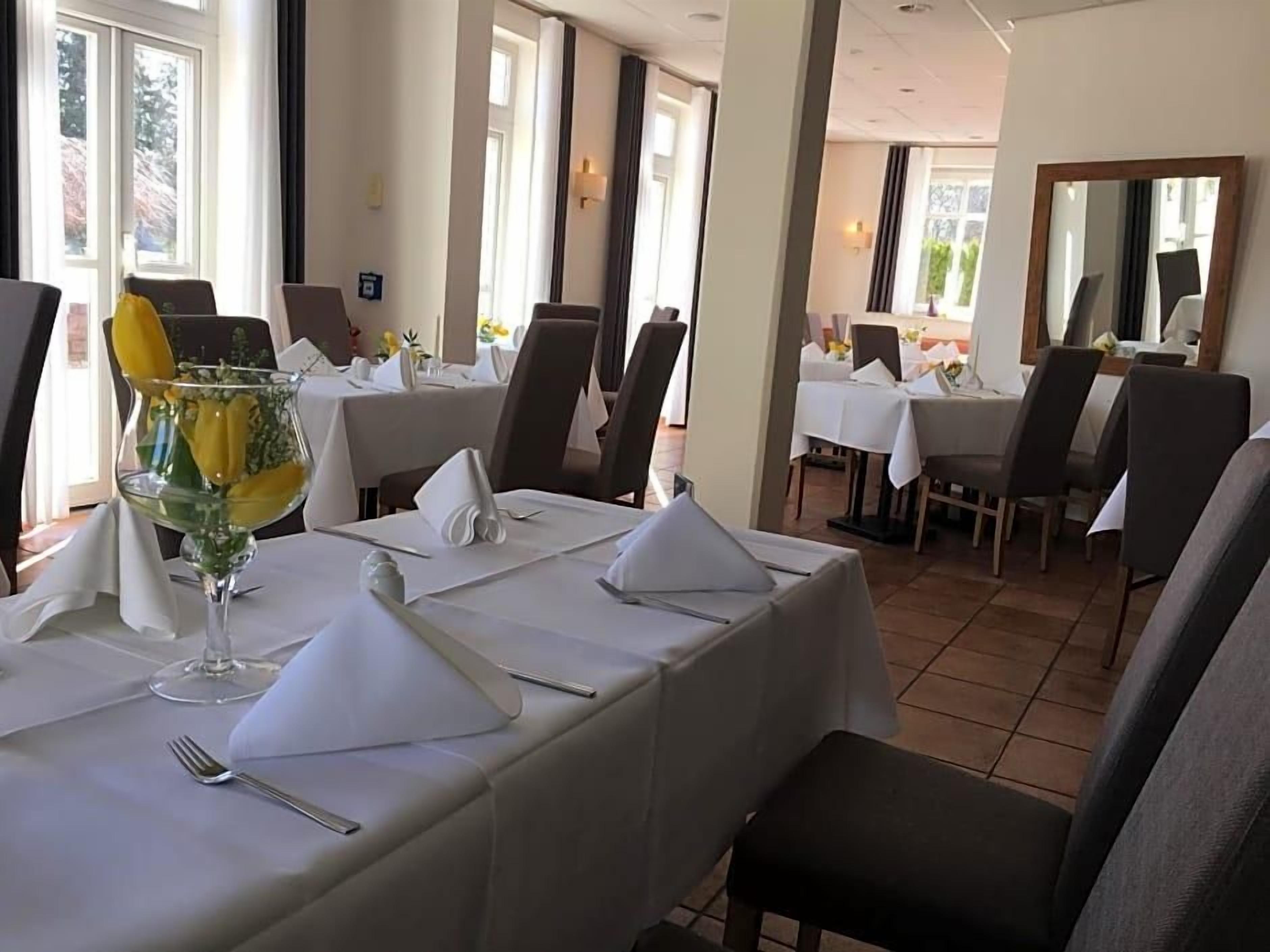 Comedor con mesas dispuestas para el servicio, sillas y un gran ventanal que proporciona luz natural.