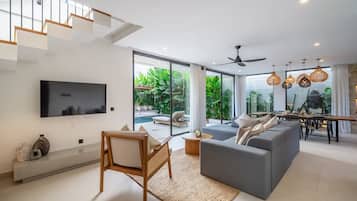 Family Villa, 3 Bedrooms, Private Pool | Living area | 50-inch Smart TV with digital channels