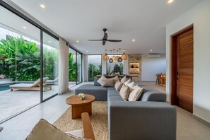 Family Villa, 3 Bedrooms, Private Pool | Living area | 50-inch Smart TV with digital channels - Kaya Villa Canggu (Canggu)