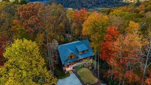 Een chalet met schuin dak, omringd door herfstbladeren.