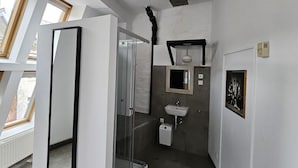 A modern bathroom with a glass shower enclosure, a white sink, and a mirror.