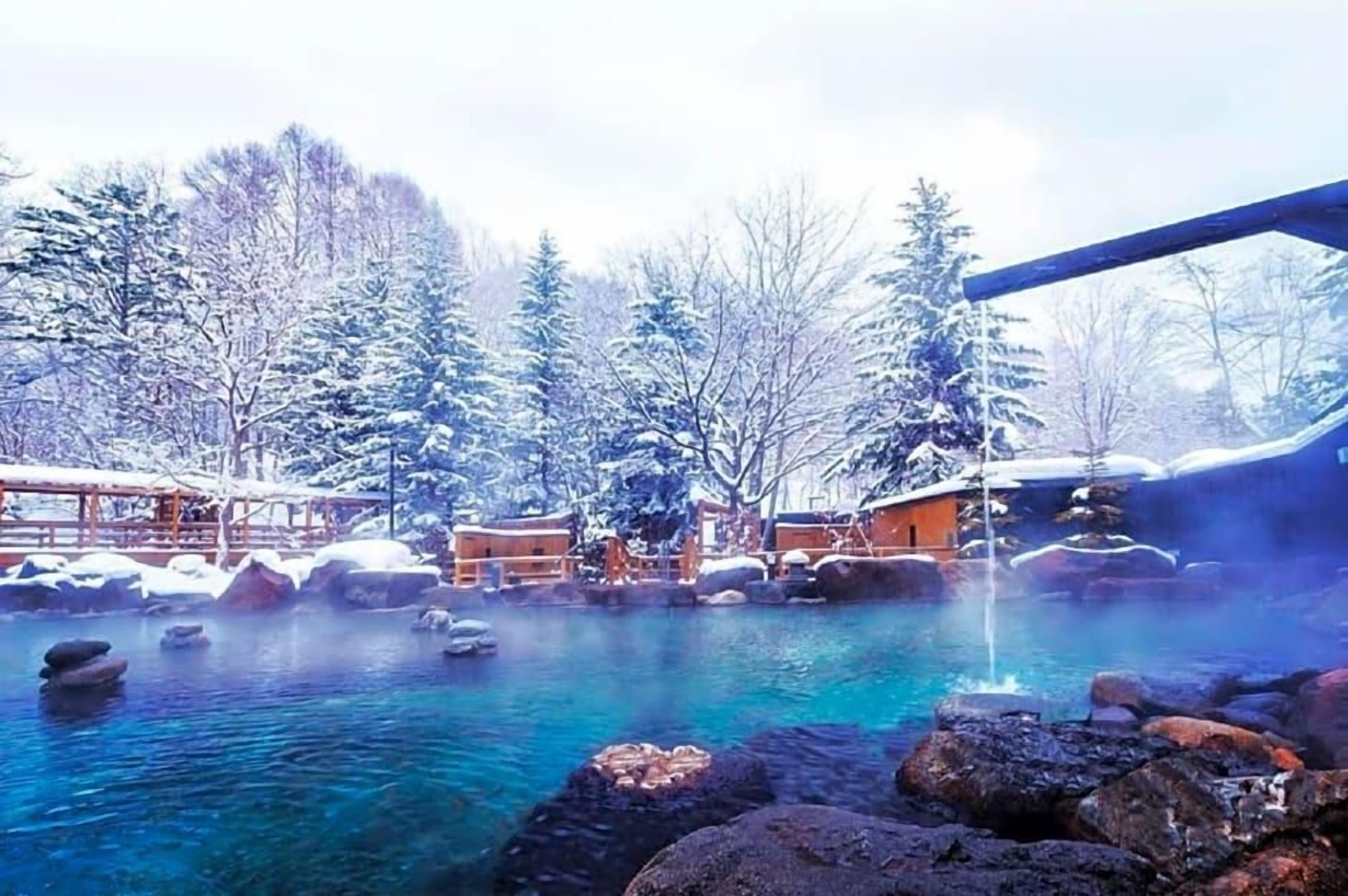 Zona de aguas termales con construcciones de madera, árboles y una piscina azul cristalina.