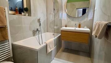 A modern bathroom with a bathtub, a shower, a vanity with a mirror, and a toilet.