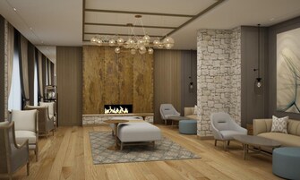 Una sala de estar moderna con chimenea, asientos cómodos y una pared de acento de piedra.