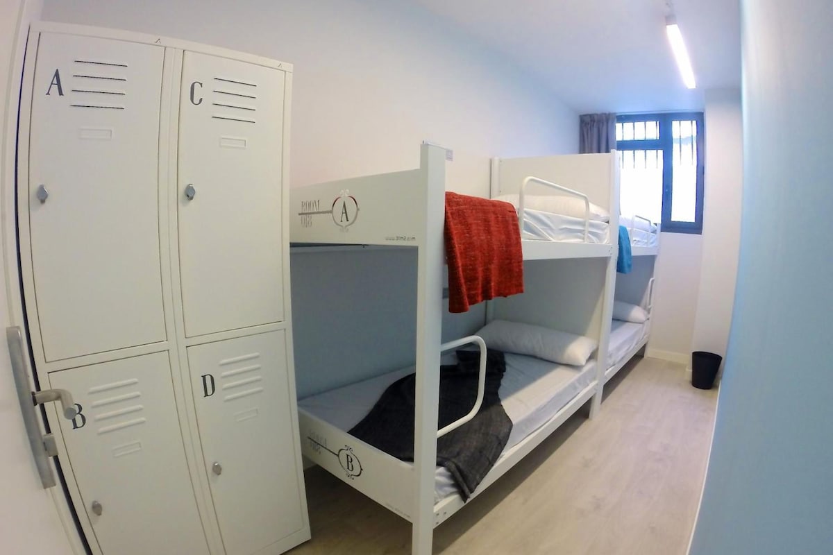 A dormitory room with bunk beds, a wardrobe, and a window.