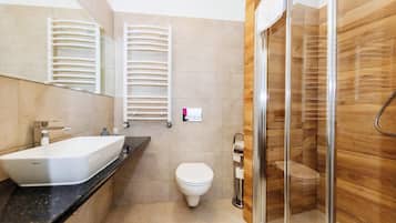 A modern bathroom with a large white sink, a toilet, and a glass-enclosed shower area.