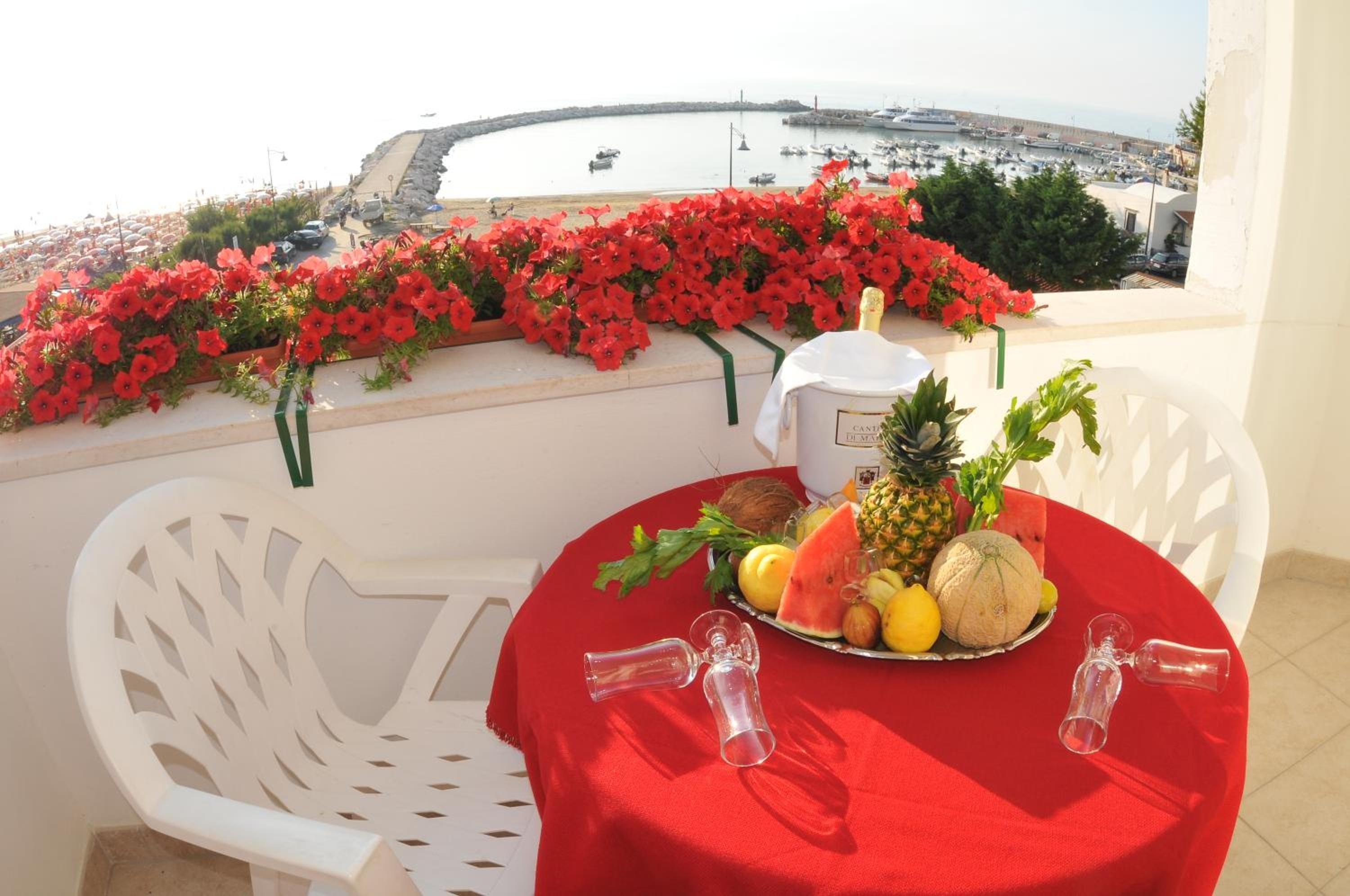 A table with a red tablecloth, a fruit platter, and a bottle of champagne, overlooking a marina with boats and a coastal view.