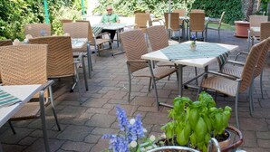 Un área de patio al aire libre con sillas y mesas de mimbre, algunas con manteles a rayas.