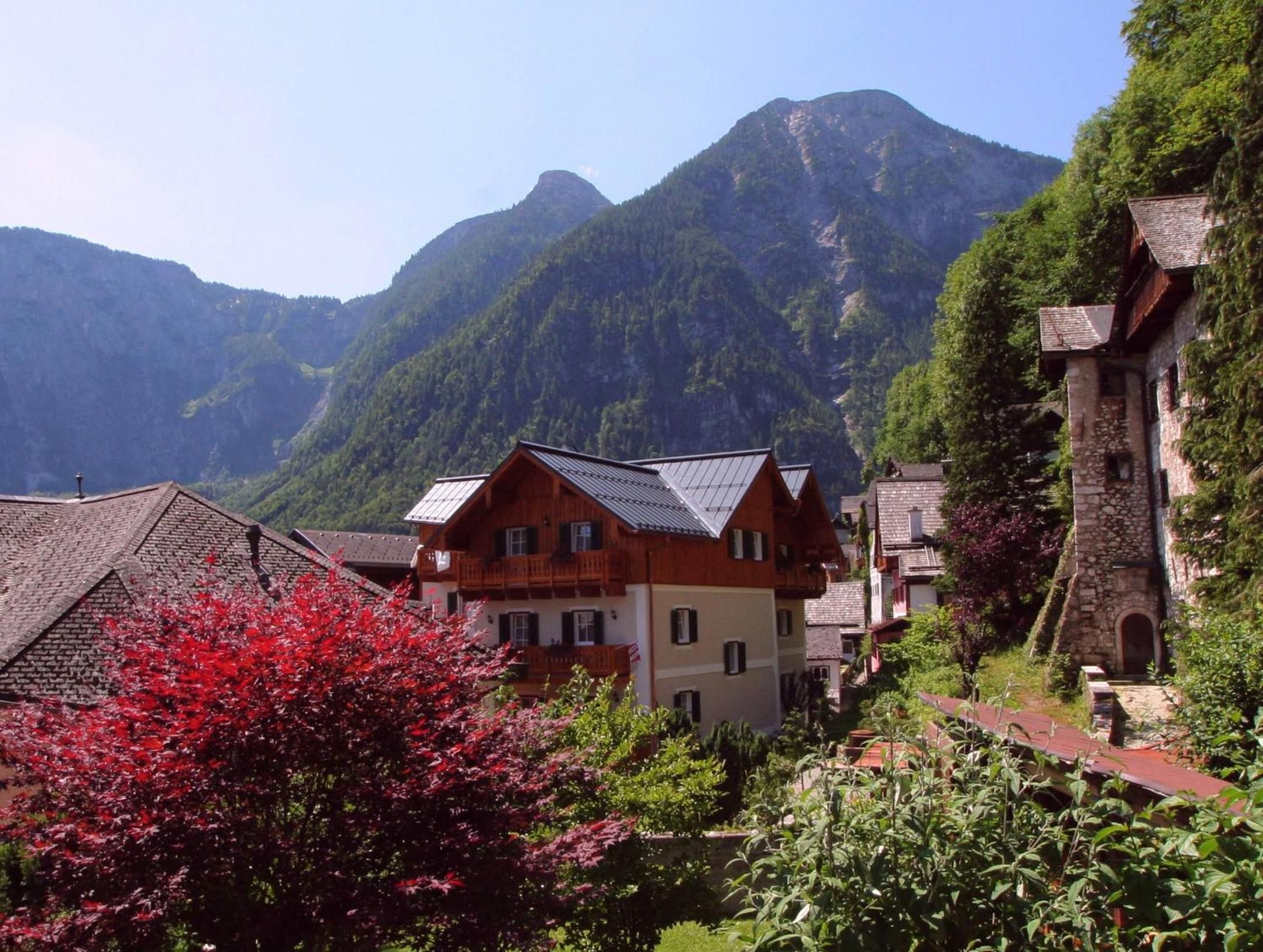 Un pueblo de montaña con casas de madera tradicionales, un edificio de piedra y un árbol de hojas rojas al frente.