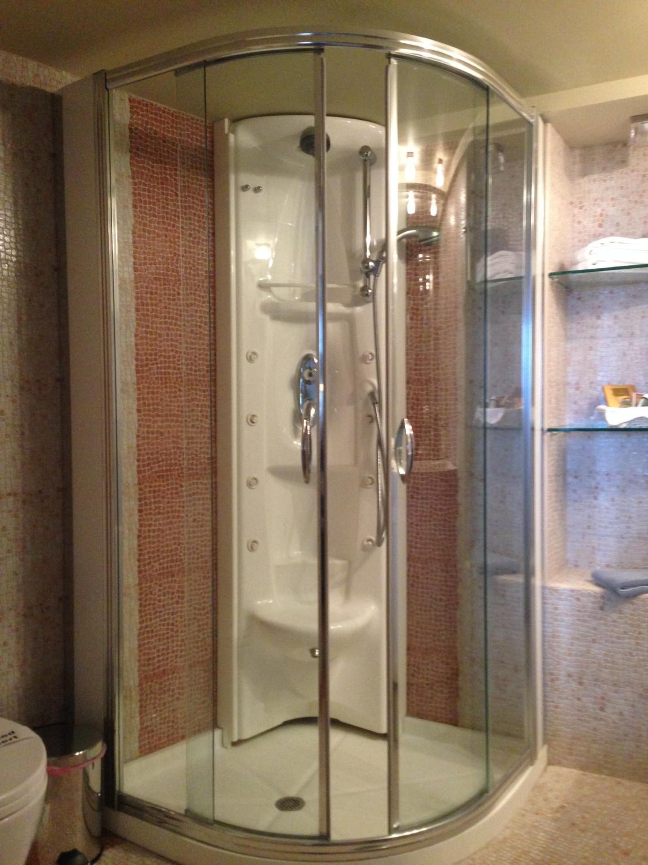 A glass-enclosed shower stall with a white toilet and a glass shelf to the right.