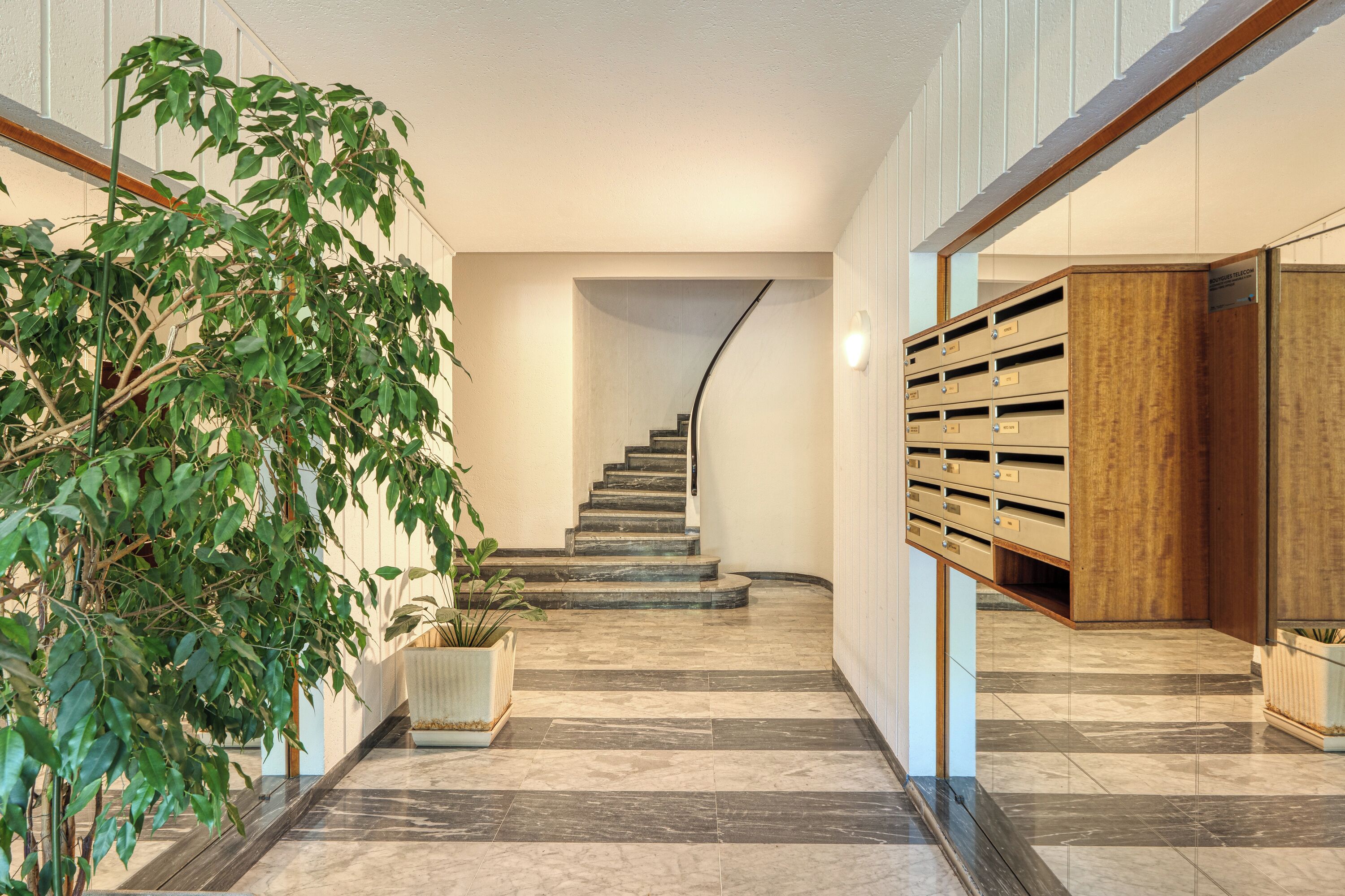A modern interior with a curved staircase, potted plants, and built-in storage units.