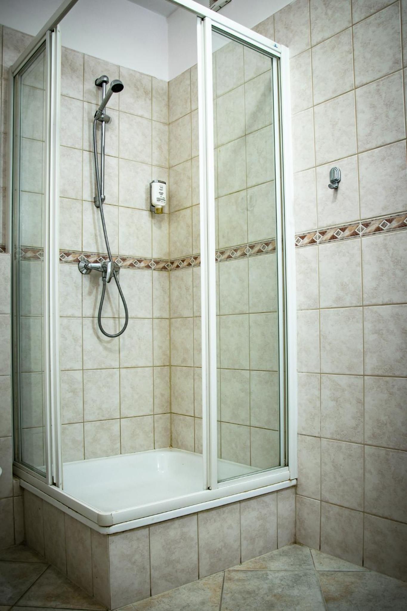 Eine Duschkabine mit Handbrause und Armaturen an der Wand.
