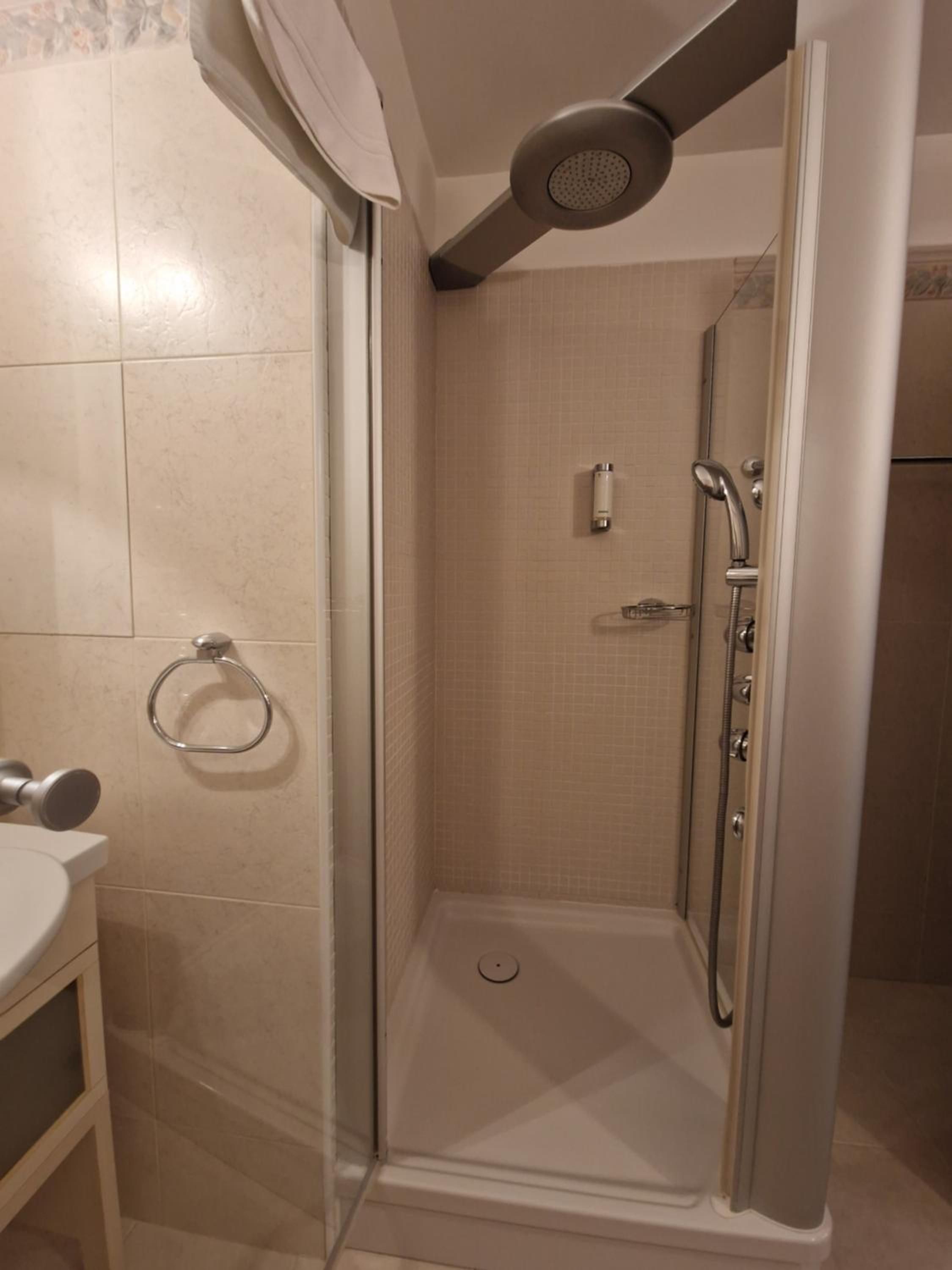 Een douchecabine met een glazen deur, een handdoekhouder en een handdouche.