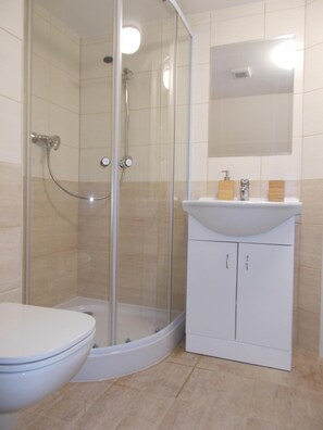 A bathroom with a glass-enclosed shower, a white sink, and a toilet. - Neklanova Apartments (Prague)