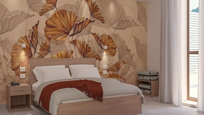 A bedroom with a large bed, a nightstand, a dresser, and a window with curtains. - Eraora Hotel Village (Battipaglia)