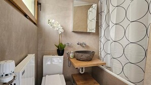 A bathroom with a toilet, sink, mirror, shower curtain, and a potted orchid. - The River Village (Interlaken)