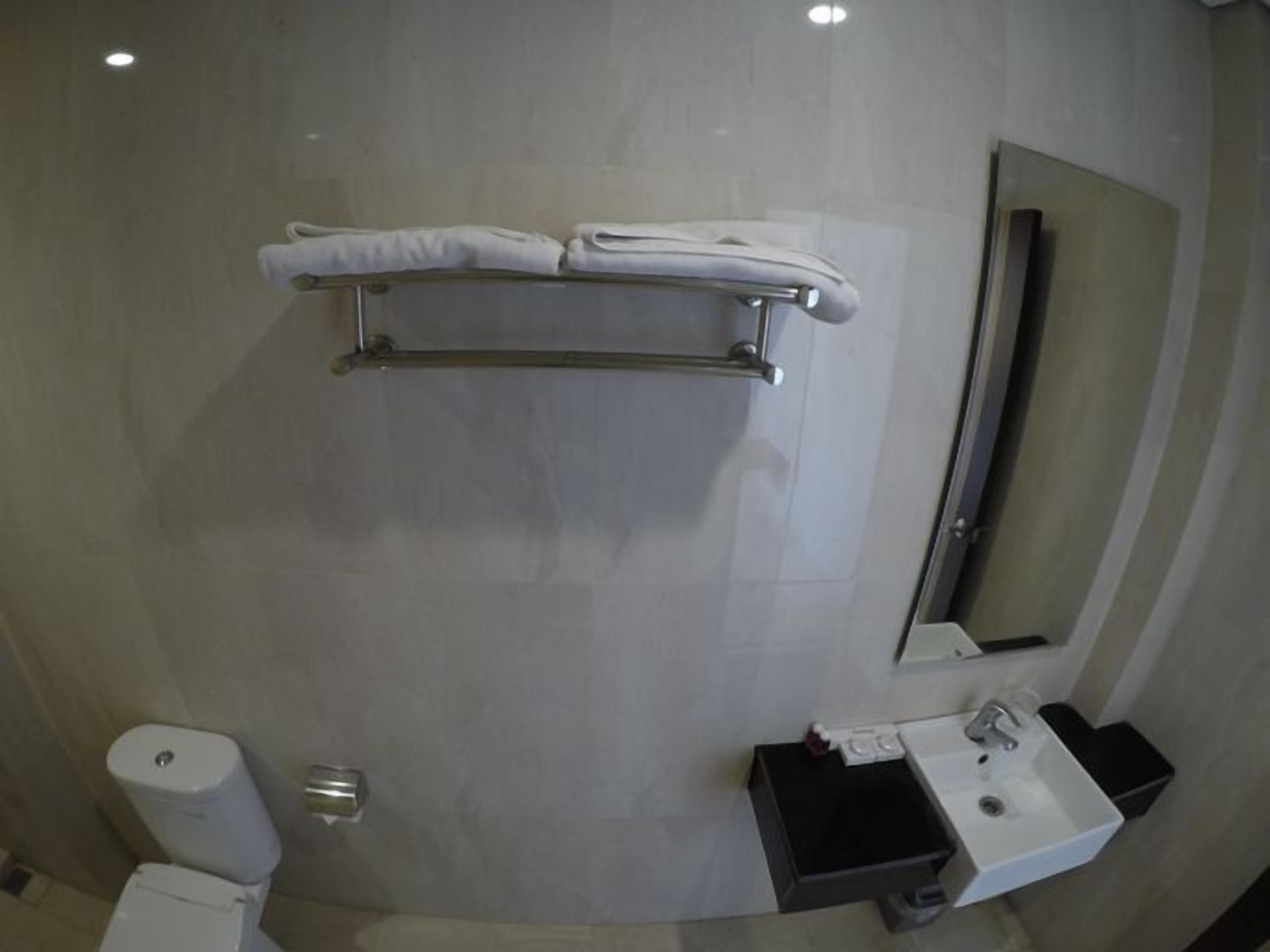 A bathroom with a toilet, sink, towel rack, and mirror.