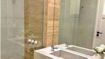 Hair dryer, towels, soap
