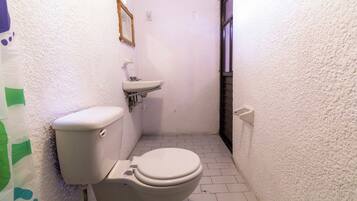 Un bagno piccolo e stretto con il water, un lavandino e uno specchio a parete.