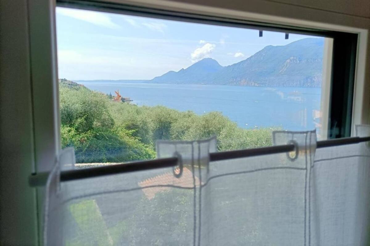 Una ventana con vista a un lago, montañas y vegetación.