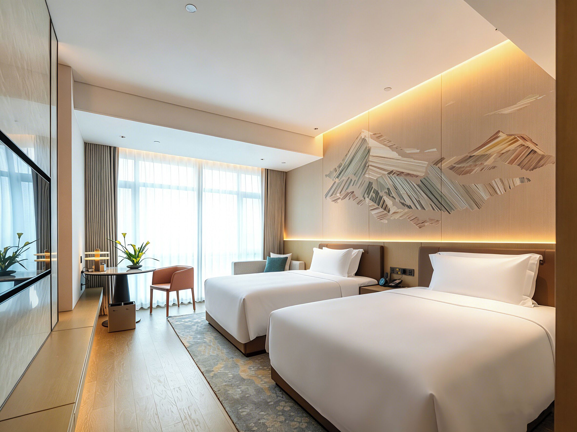 A hotel room with two beds, a desk with a chair, a small table with a plant, and a large window with curtains.
