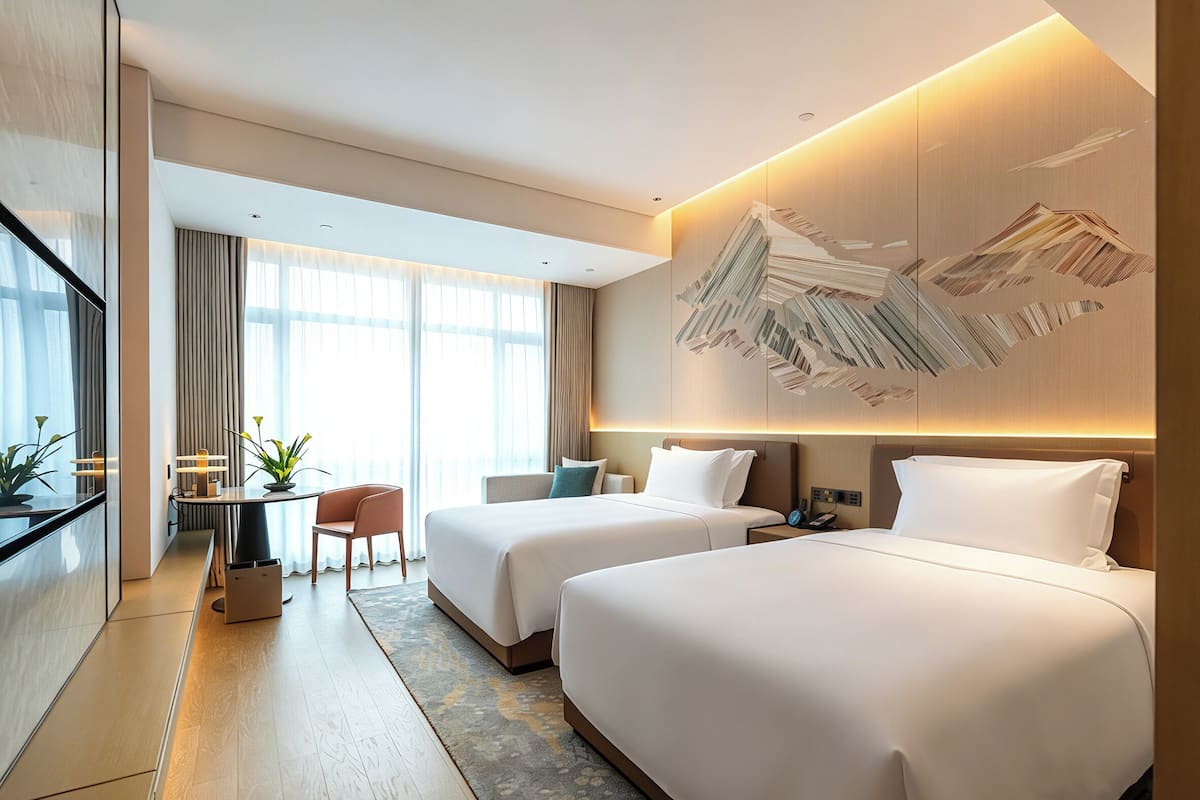 Habitación de hotel con dos camas, un escritorio con silla, una mesita con una planta y un ventanal con cortinas.