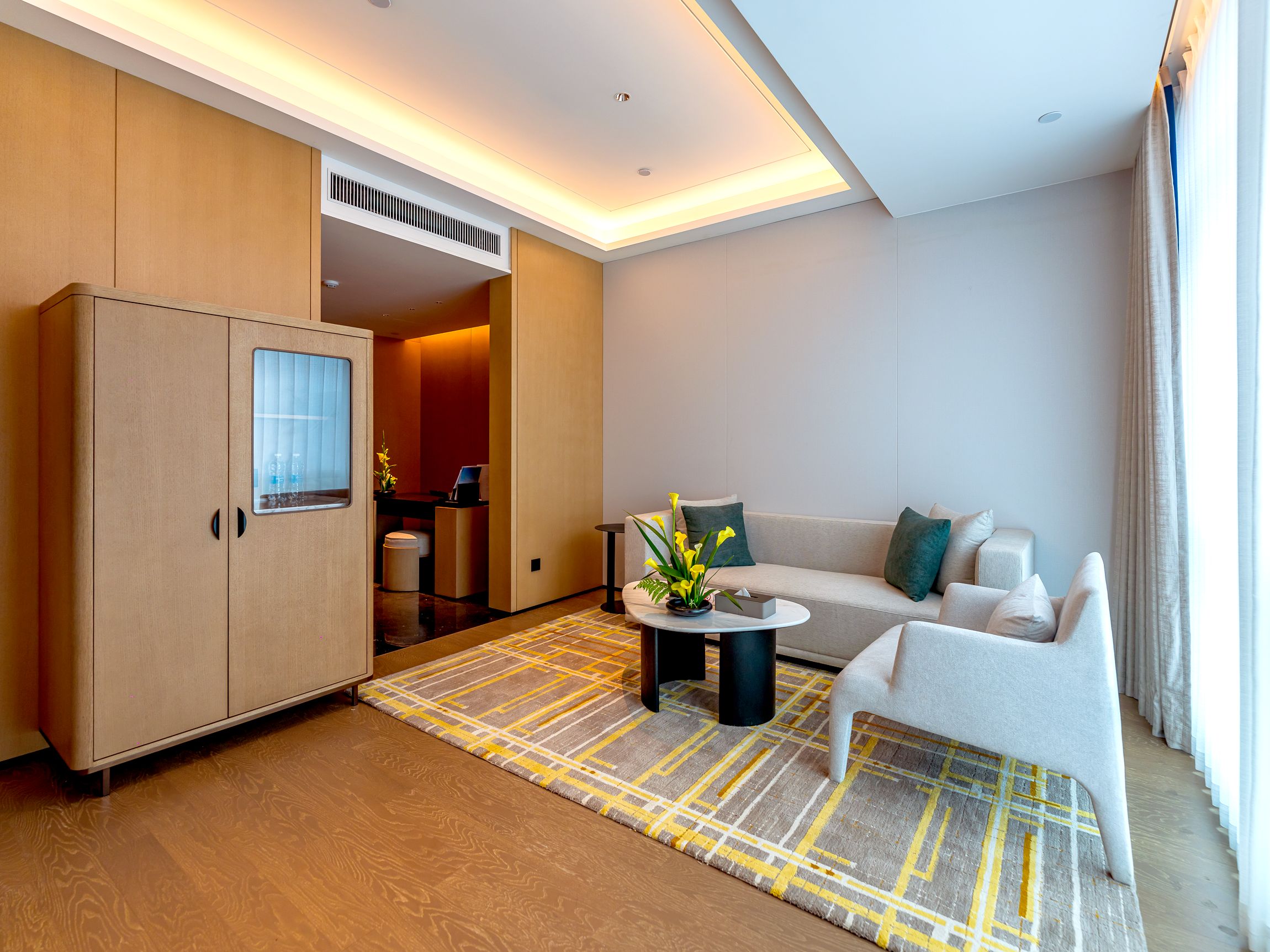 A modern hotel room with a sofa, a coffee table, a cabinet, and a view of the bathroom.
