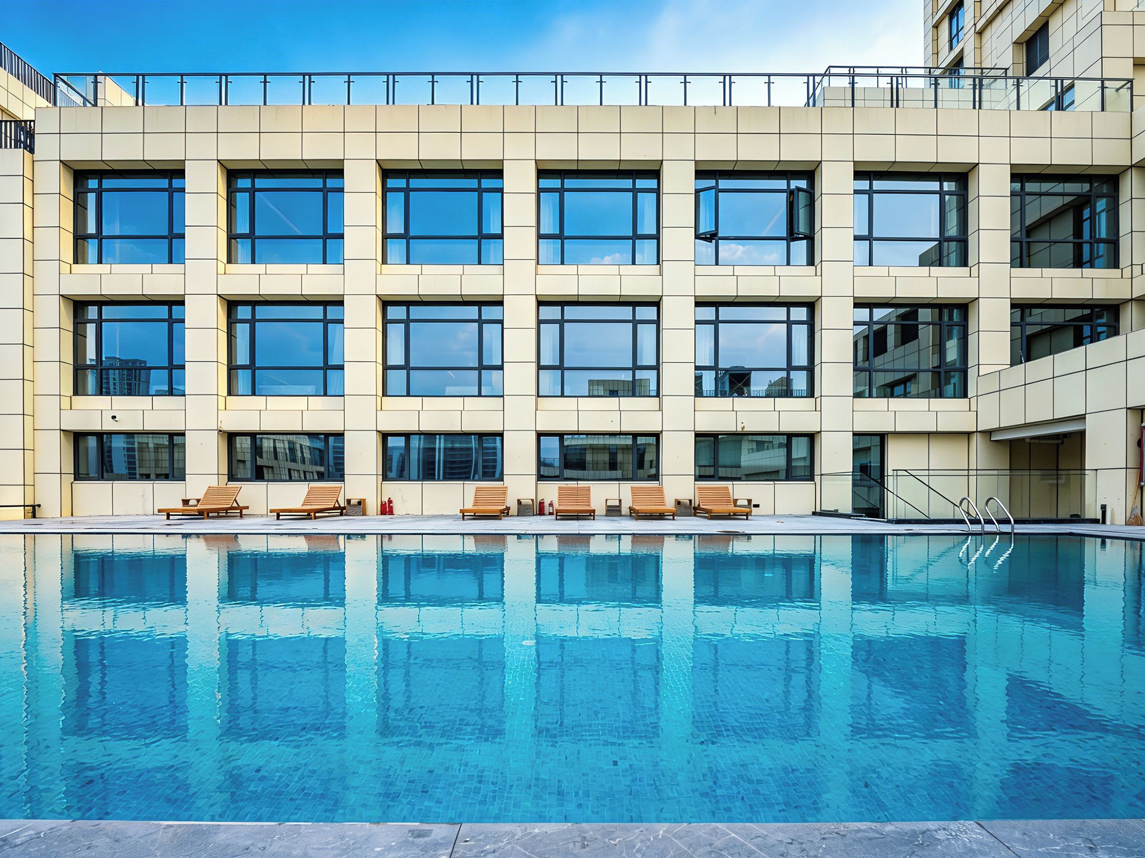Ein modernes Gebäude mit Schwimmbad, vielen Fenstern und Außenbereich mit Sitzgelegenheiten.