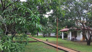 A garden with a pathway, trees, and a building with a red roof. - Dambulla Hills Resort (Dambulla)