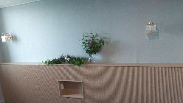Une pièce avec un plancher en bois, un mur à texture, une petite fenêtre et une plante décorative.