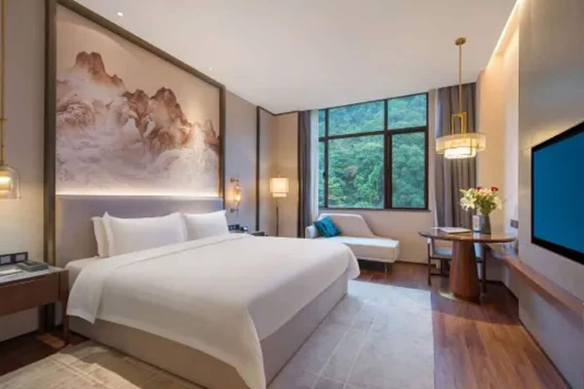 Una habitación de hotel moderna con una cama grande, un área de descanso, un televisor y un cuadro en la pared.