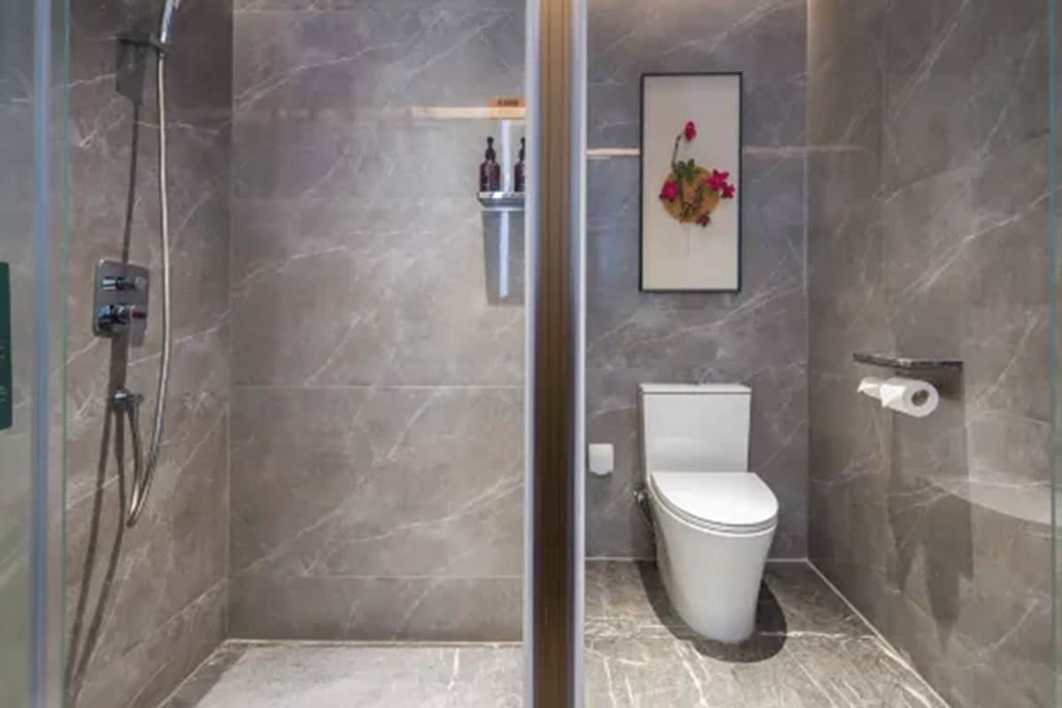 A modern bathroom with a glass shower enclosure, a toilet, and a framed picture on the wall.