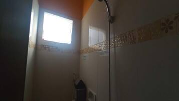 A bathroom with a shower, a window, and a towel rack.
