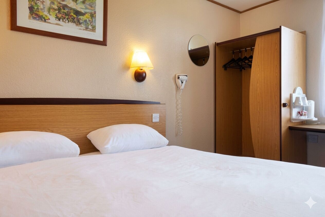 A hotel room with a bed, a wall-mounted lamp, a coat rack, and a mirror.