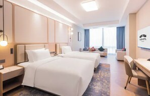 A hotel room with two beds, a desk, a chair, and a large window. - Shanghai Also Hotel (Shanghai)