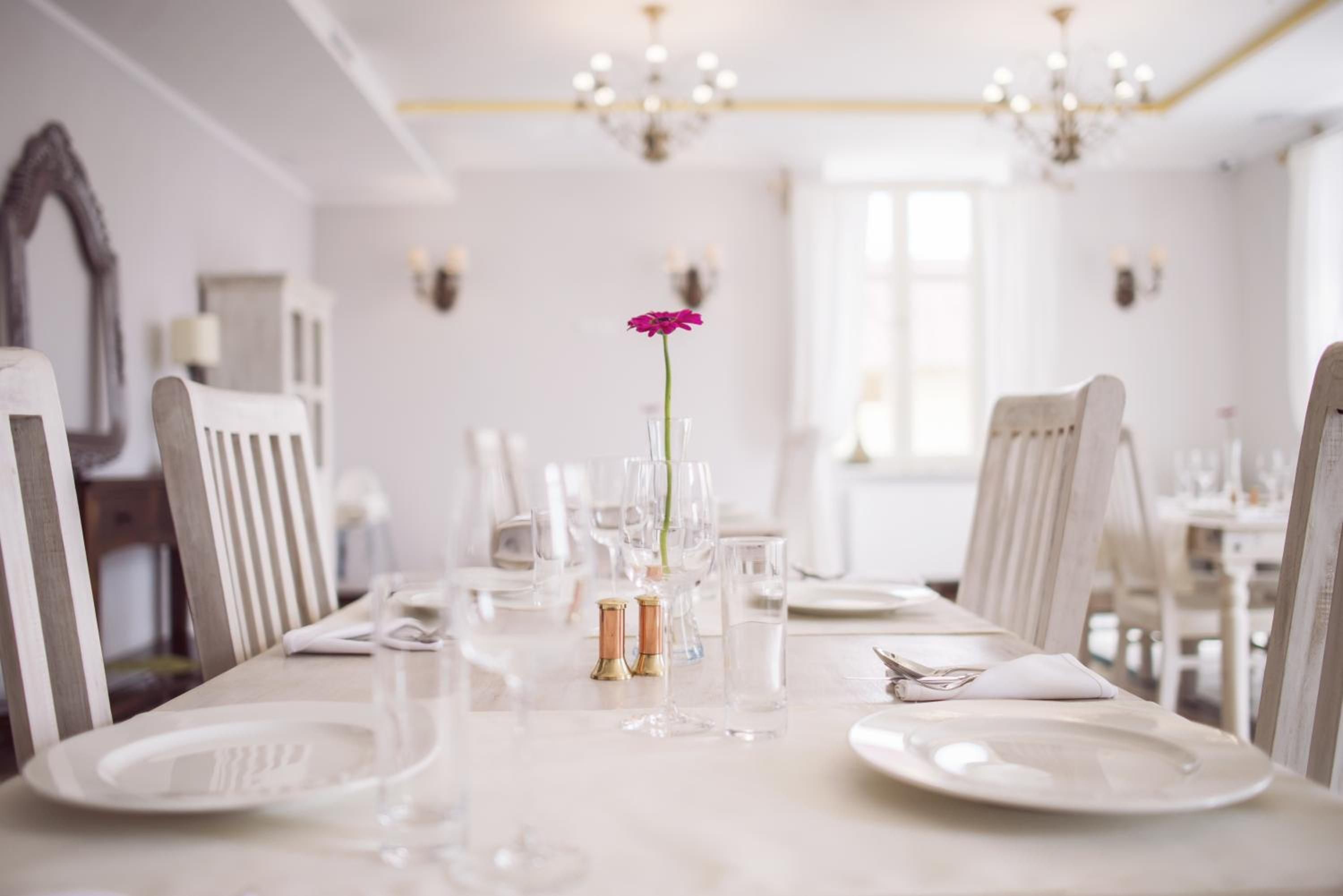 A dining table set with white plates, glasses, and cutlery, with a single flower centerpiece.