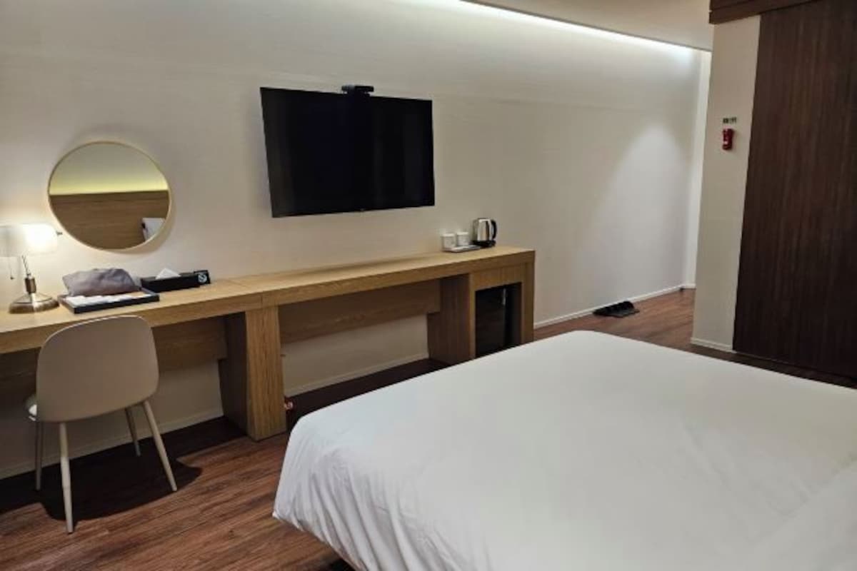 A hotel room with a bed, a desk with a chair, a television, and a mirror.